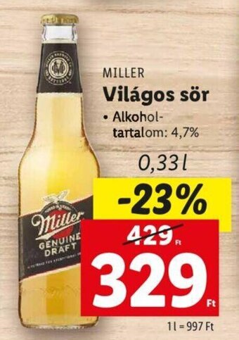 Lidl MILLER Világos sör 0,33 l ajánlat