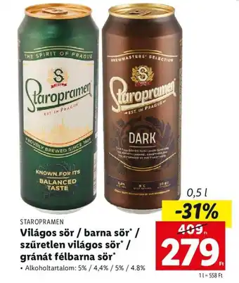 Lidl STAROPRAMEN Világos sör barna sör szűretlen világos sör gránát félbarna sör 0,5l ajánlat