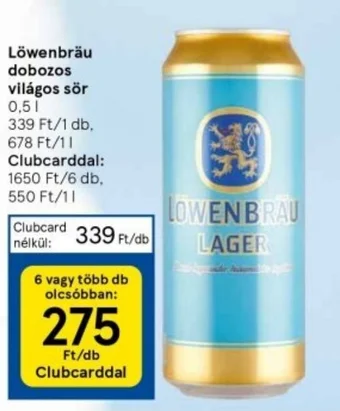 Tesco Löwenbräu dobozos világos sör 0,5l ajánlat