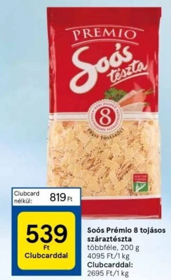 Tesco Soós Prémio 8 tojásos száraztészta 200g ajánlat