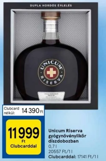Tesco Unicum Riserva gyógynövénylikőr díszdobozban 0,7l ajánlat