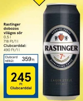 Tesco Rastinger dobozos világos sör 0,5l ajánlat