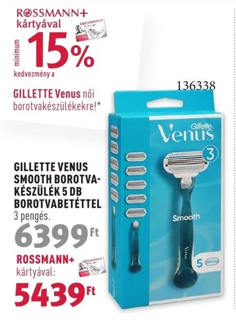 Rossmann GILLETTE VENUS SMOOTH BOROTVA-KÉSZÜLÉK 5 DB BOROTVABETÉTTEL 3 pengés. ajánlat