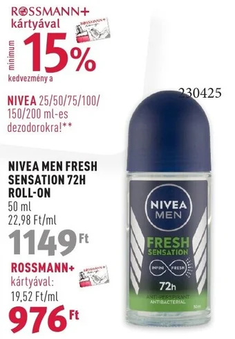 Rossmann NIVEA MEN FRESH SENSATION 72H ROLL-ON, 50ml ajánlat