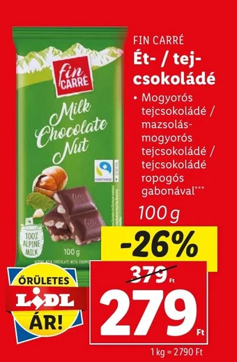 Lidl FIN CARRÉ Ét tej csokoládé Mogyorós tejcsokoládé 100g ajánlat