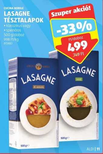 ALDI CUCINA NOBILE LASAGNE TÉSZTALAPOK 500 g ajánlat
