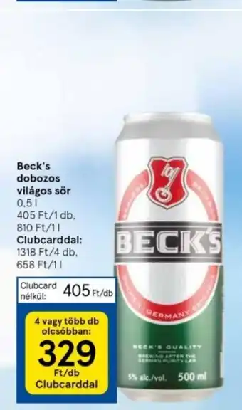 Tesco Beck's dobozos világos sör 0,5l ajánlat