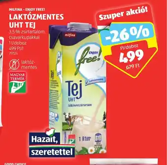 ALDI MILFINA - ENJOY FREE! LAKTÓZMENTES UHT TEJ 1 l ajánlat