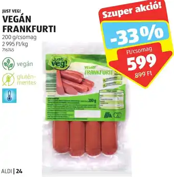 ALDI JUST VEG! VEGÁN FRANKFURTI 200 g/csomag ajánlat