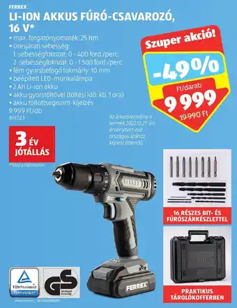 ALDI FERREX LI-ION AKKUS FÚRÓ-CSAVAROZÓ, 16 V 1 db ajánlat