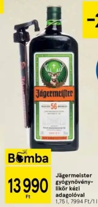 Tesco Jägermeister gyógynövény likör kézi adagolóval 1,75l ajánlat