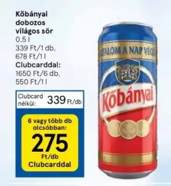 Tesco Kőbányai dobozos világos sör 0,5l ajánlat