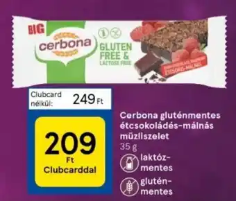 Tesco Cerbona gluténmentes étcsokoládés-málnás müzliszelet 35 g ajánlat
