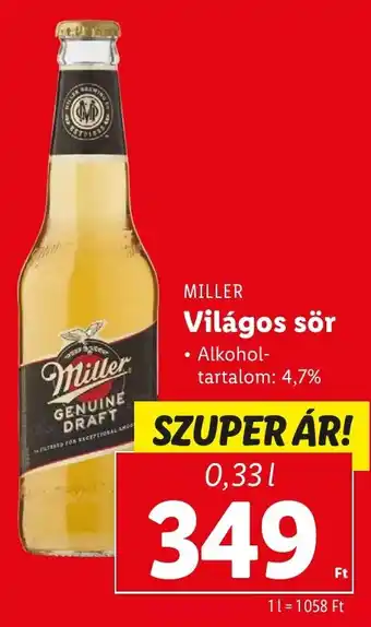 Lidl MILLER Világos sör 0,33 l ajánlat