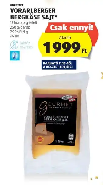 ALDI GOURMET VORARLBERGER BERGKÄSE SAJT 250g ajánlat