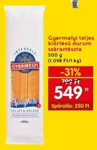 Spar Gyermelyi teljes kiőrlésű durum száraztészta 500 g ajánlat