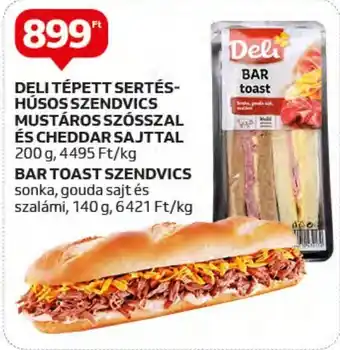 DELI TÉPETT SERTÉS-HÚSOS SZENDVICS MUSTÁROS SZÓSSZAL ÉS CHEDDAR SAJTTAL 200 g, BAR TOAST SZENDVICS 140g