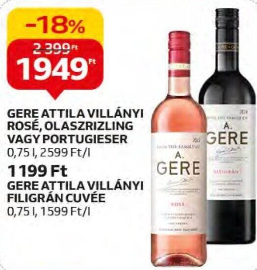 Auchan GERE ATTILA VILLÁNYI ROSÉ, OLASZRIZLING VAGY PORTUGIESER 0,75l ajánlat