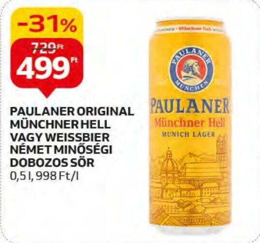 Auchan PAULANER ORIGINAL MÜNCHNER HELL VAGY WEISSBIER NÉMET MINŐSÉGI DOBOZOS SÖR 0,5l ajánlat