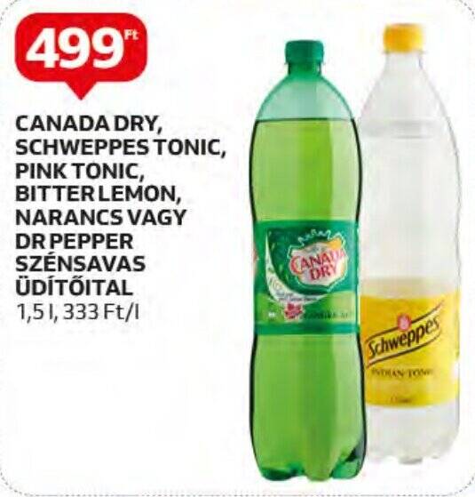 Auchan CANADA DRY SCHWEPPES TONIC PINK TONIC BITTER LEMON NARANCS VAGY DR PEPPER SZÉNSAVAS ÜDÍTŐITAL 1,5l ajánlat