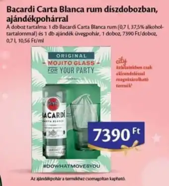 EcoFamily Bacardi Carta Blanca rum díszdobozban, ajándékpohárral 1 db / 0,7 l ajánlat
