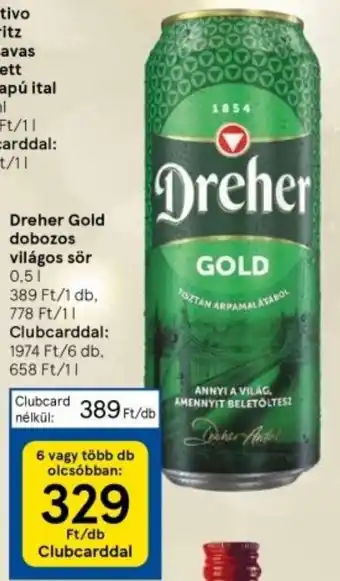 Tesco Dreher Gold dobozos világos sör 0,5l ajánlat