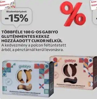 Auchan TÖBBFÉLE 100 GOS GABIYO GLUTÉNMENTES KEKSZ HOZZÁADOTT CUKOR NÉLKÜL ajánlat