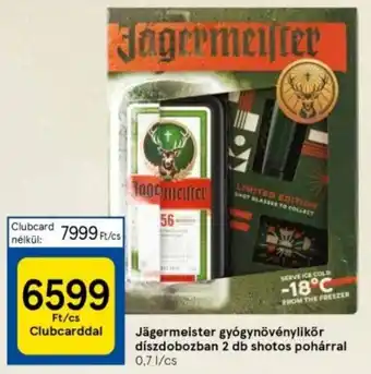 Tesco Jägermeister gyógynövénylikőr díszdobozban 2 db shotos pohárral 0,7l/cs ajánlat