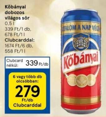 Tesco Kőbányai dobozos világos sör 0,5l ajánlat