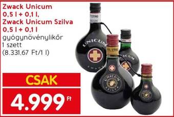 Spar Zwack Unicum 0,5l + 0,1l Zwack Unicum Szilva 0,5l + 0,1l ajánlat