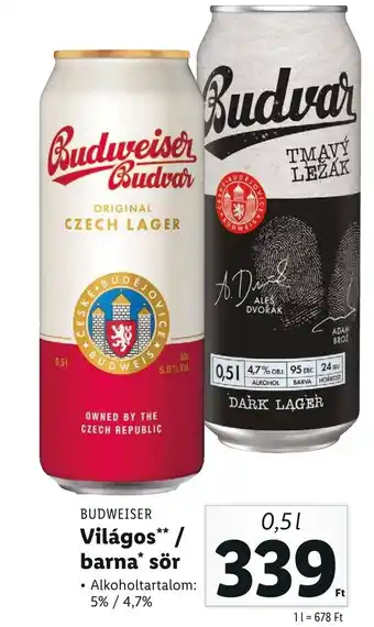 Lidl BUDWEISER Világos barna sör 0,5l ajánlat