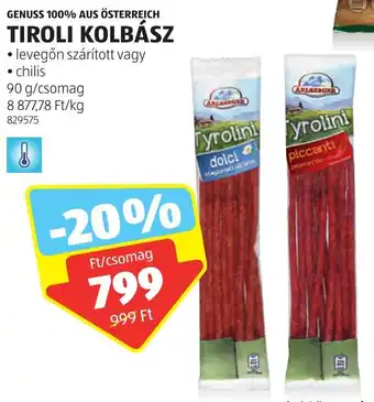 ALDI GENUSS 100% AUS ÖSTERREICH TIROLI KOLBÁSZ 90g ajánlat