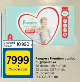 Tesco Pampers Premium Jumbo bugyipelenka 58 / 52 db ajánlat