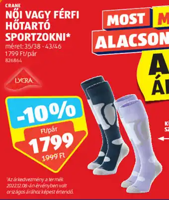 ALDI CRANE NŐI VAGY FÉRFI HŐTARTÓ SPORTZOKNI 1 pár ajánlat