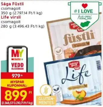 Spar Sága Füstli 350g, Life virsli 280g ajánlat