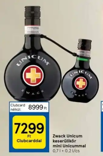 Tesco Zwack Unicum keserűlikör mini Unicummal 0,7 l +0,2 l ajánlat