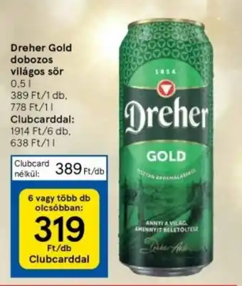 Tesco Dreher Gold dobozos világos sör 0,5 l ajánlat