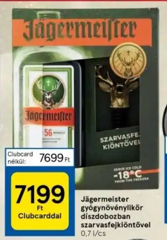 Tesco Jägermeister gyógynövénylikőr díszdobozban szarvasfejkiöntővel 0,7l ajánlat