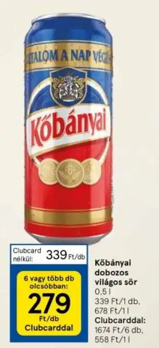 Tesco Kőbányai dobozos világos sör 0,5 l ajánlat