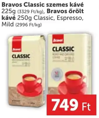 PRIVÁT Bravos Classic szemes kávé 225g (3329 Ft/kg), Bravos őrölt kávé 250g ajánlat
