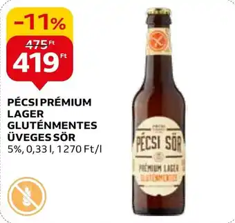 Auchan PÉCSI PRÉMIUM LAGER GLUTÉNMENTES ÜVEGES SÖR 0,33l ajánlat