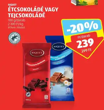 ALDI RIQUET ÉTCSOKOLÁDÉ VAGY TEJCSOKOLÁDÉ 100g ajánlat