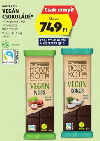 ALDI MOSER ROTH VEGÁN CSOKOLÁDÉ 80g ajánlat