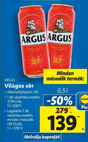 Lidl ARGUS Világos sör 0,5 l ajánlat