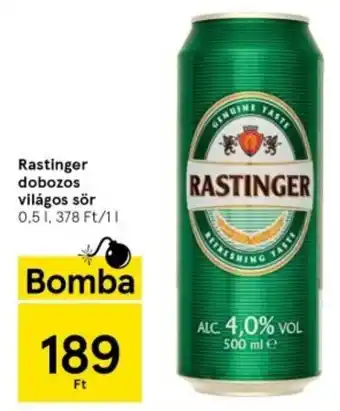 Tesco Rastinger dobozos világos sör 0,5l ajánlat