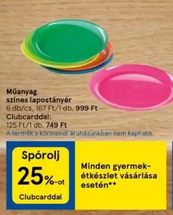 Tesco Műanyag színes lapostányér 6 db/cs ajánlat