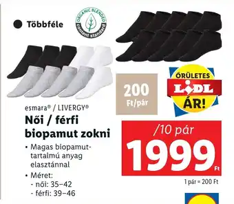 Lidl esmara / LIVERGY Női / férfi biopamut zokni 10 pár ajánlat