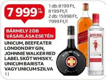 UNICUM, BEEFEATER LONDONDRY GIN, JOHNNIE WALKER RED LABEL SKÓT WHISKY, UNICUM BARISTA VAGY UNICUM SZILVA 1l
