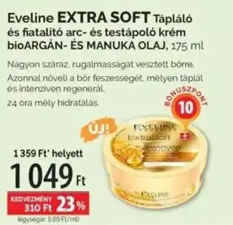 Eveline EXTRA SOFT Tápláló és fiatalító arc- és testápoló krém bioARGÁN- ÉS MANUKA OLAJ, 175 ml