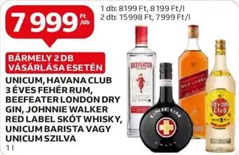 Auchan UNICUM, HAVANA CLUB 3 ÉVES FEHÉR RUM, BEEFEATER LONDON DRY GIN, JOHNNIE WALKER RED LABEL SKÓT WHISKY 1l ajánlat